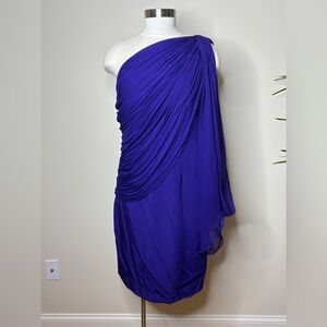 Melinda Eng 100% Silk One Shoulder Chiffon Ruched Side Zip Formal Midi Dress 12